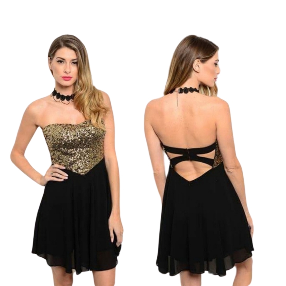 Elegant Black and Gold Strapless Dress